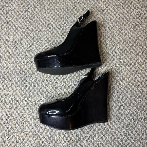 NWT 2000s vintage y2k Steve Madden black shiny chunky wedge ankle boot heels - Picture 4 of 6